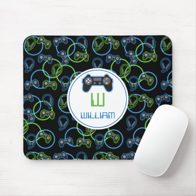 Tapis De Souris Jeu vidéo Neon Blue & Green Motif Monogramme (Avec souris)