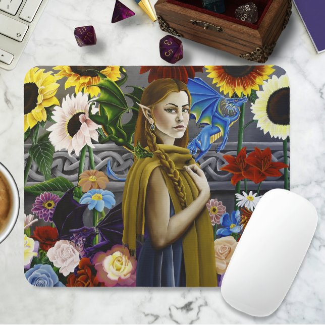 Tapis De Souris Jeune Fée Dragon Enchantée Jardin Fleur Fantasy (Créateur téléchargé)