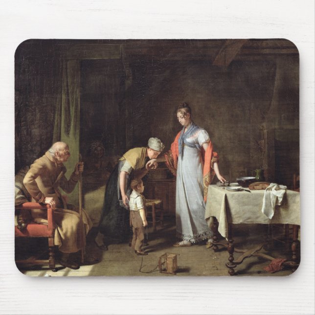 Tapis De Souris Jeune femme aidant une famille malheureuse (Devant)