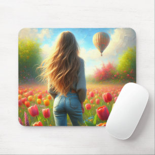 Tapis De Souris Jeune Femme Dans Le Champ De Tulipe