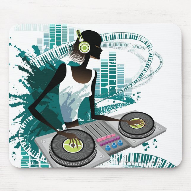 Tapis De Souris Jeune femme DJ à l'aide du Tourne-disque dans la (Devant)