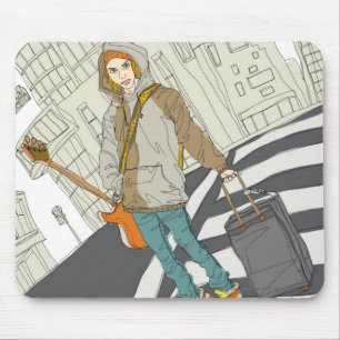 Tapis De Souris Jeune femme se tenant sur la rue avec le bagage