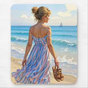 Tapis De Souris Jeune Femme sur la Plage