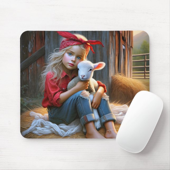 Tapis De Souris Jeune Fille Avec Agneau Nouveau-Né (Avec souris)