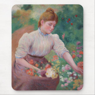 Tapis De Souris Jeune fille cueillant des fleurs dans un jardin d'