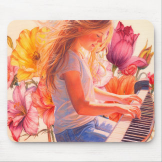 Tapis De Souris Jeune fille jouant du piano dans un jardin fleuri