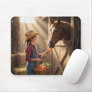 Tapis De Souris Jeune fille nourrissant un cheval avec des carotte