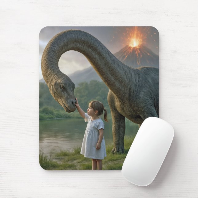 Tapis De Souris Jeune fille qui nourrit un dinosaure (Avec souris)
