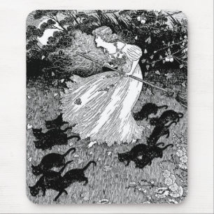 Tapis De Souris Jeune sorcière et chats noirs