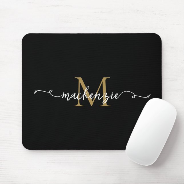Tapis De Souris Joli Black Gold Script Typographie Monogramme (Avec souris)