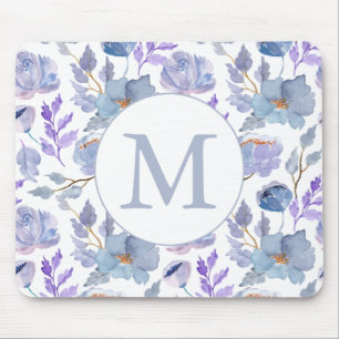 Tapis De Souris Joli bleu bleu Lilac Aquarelle Floral Monogramme