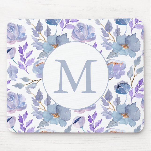 Tapis De Souris Joli bleu bleu Lilac Aquarelle Floral Monogramme (Devant)