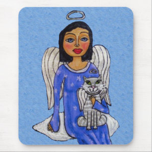 Tapis De Souris Joli Blue Eyes Angel Holding Chat sur Cloud