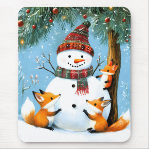 Tapis De Souris Joli Bonhomme de Neige et Renards de la Forêt d'Hi