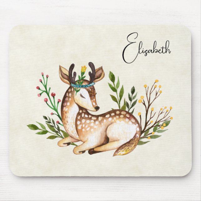 Tapis De Souris Joli Cerf Aquarellé Posé En Bas Boho (Devant)