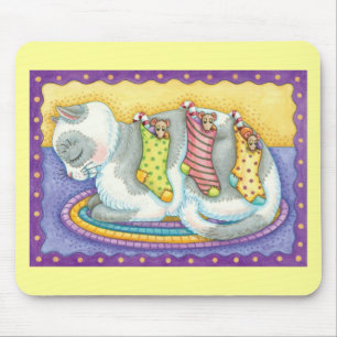 Tapis De Souris Joli chat de Noël dormant avec des souris dans des
