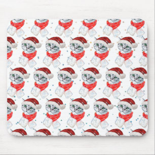 Tapis De Souris Joli Chat Gris Tabby de Noël Aquarelle