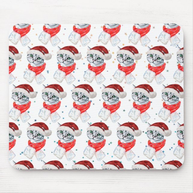 Tapis De Souris Joli Chat Gris Tabby de Noël Aquarelle (Devant)