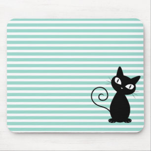 Tapis De Souris Joli chat noir fantaisiste sur rayures