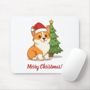 Tapis De Souris Joli chien Corgi avec un chapeau rouge et un sapin