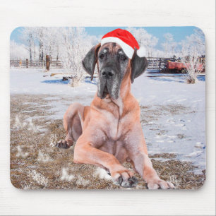 Tapis De Souris Joli chien Great Dane assis dans la neige au chape