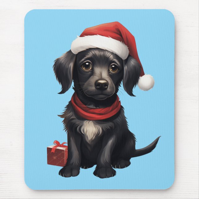 Tapis De Souris Joli chien noir à Noël (Devant)