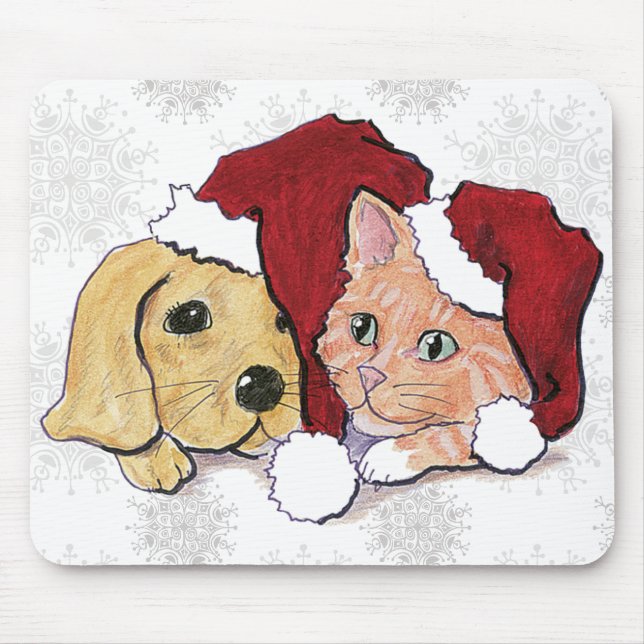 Tapis De Souris Joli chiot Labrador de Noël et chat tigré orange (Devant)