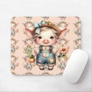 Tapis De Souris Joli cochon Farmcore en salopette avec des fleurs