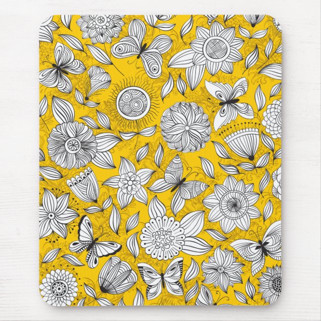 Tapis De Souris Joli design abstrait floral blanc jaune (Devant)