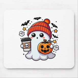 Tapis De Souris Joli Fantôme Halloween Avec Citrouille Et Café