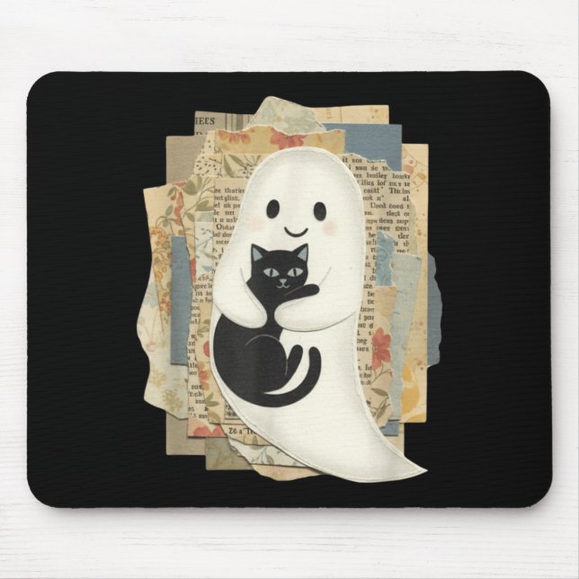 Tapis De Souris Joli fantôme serrant un chat noir Halloween (Devant)