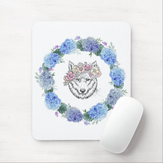 Tapis De Souris Joli floral bleu Hydrangea Wolf Mousepad