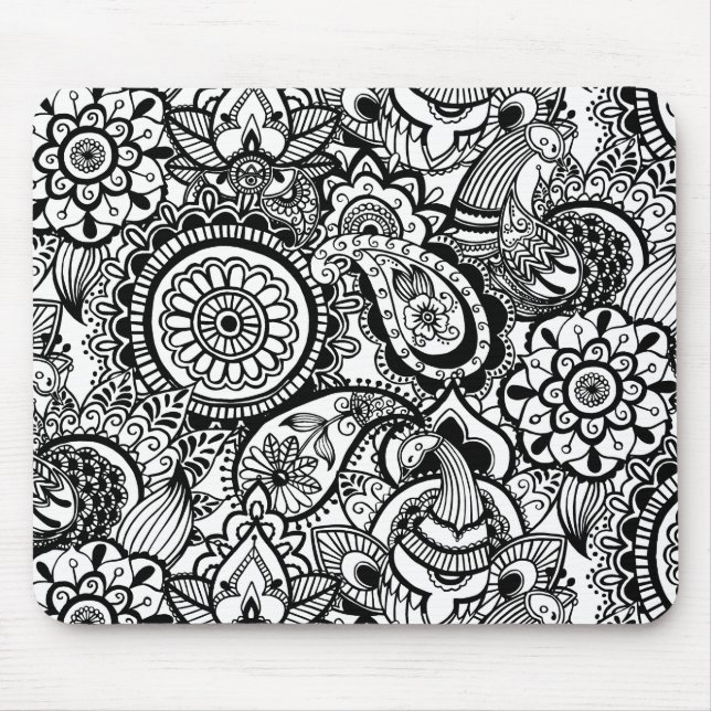 Tapis De Souris Joli floral paisley noir blanc (Devant)