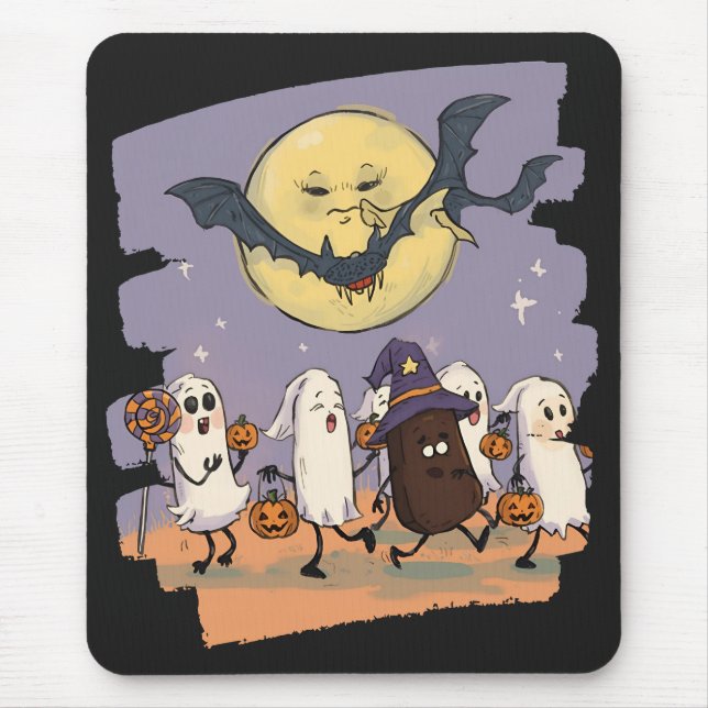 Tapis De Souris Joli Ghost Kids Trick ou Treat Sous Lune Éffrayant (Devant)