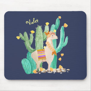 Tapis De Souris Joli lama dans un jardin de cactus - Bleu personna