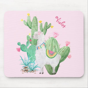 Tapis De Souris Joli lama et cactus à l'aquarelle - Rose pastel