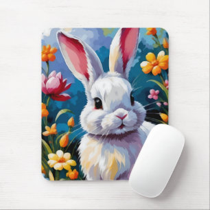 Tapis De Souris Joli Lapin Blanc Entouré de Fleurs Vibrantes