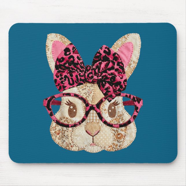 Tapis De Souris Joli lapin de Pâques patchwork avec lunettes et nœ (Devant)
