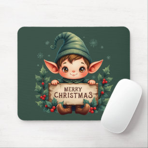 Tapis De Souris Joli Lutin de Noël Tenant un Panneau Joyeux Vert