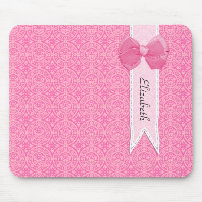 Tapis De Souris Joli Médaillon rose Damask Mignonne Bow avec nom (Devant)