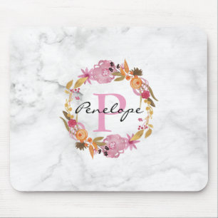 Tapis De Souris Joli Monogramme de couronne de fleurs rose