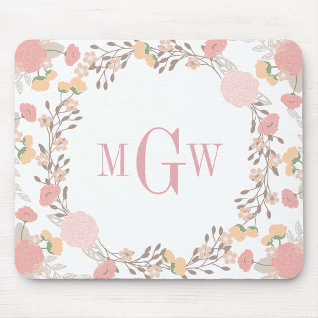 Tapis De Souris Joli Monogramme Floral Botanique Mousepad (Devant)