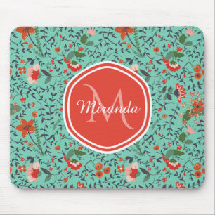 Tapis De Souris Joli monogramme floral orange et rouge bleu vert