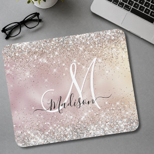 Tapis De Souris Joli monogramme pailleté argent faux or rose