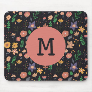 Tapis De Souris Joli motif floral moderne foncé avec monogramme