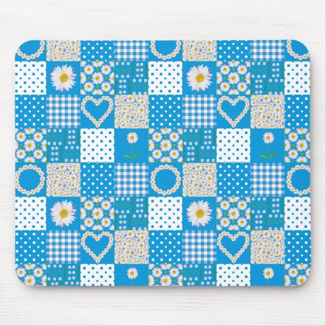 Tapis De Souris Joli Mousepad Bleu : Daisychains, Patchwork Faux (Devant)