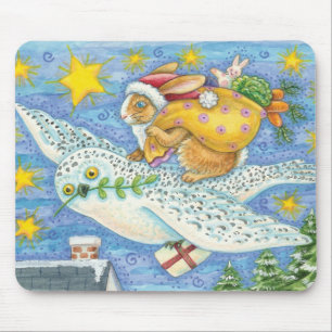 Tapis De Souris Joli Noël avec un lapin en Père Noël sur un hibou
