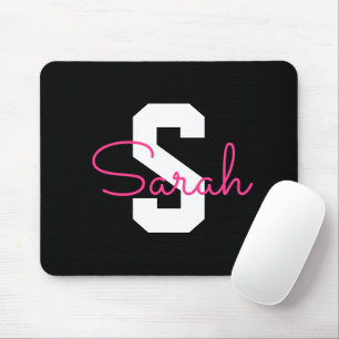 Tapis De Souris Joli nom et monogramme Noir Blanc et Rose
