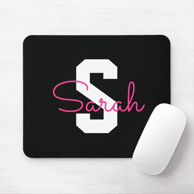 Tapis De Souris Joli nom et monogramme | Noir Blanc et Rose (Avec souris)