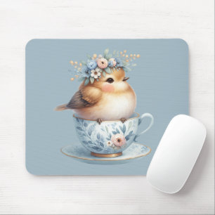 Tapis De Souris Joli Oiseau Bleu avec Couronne Florale dans une Ta
